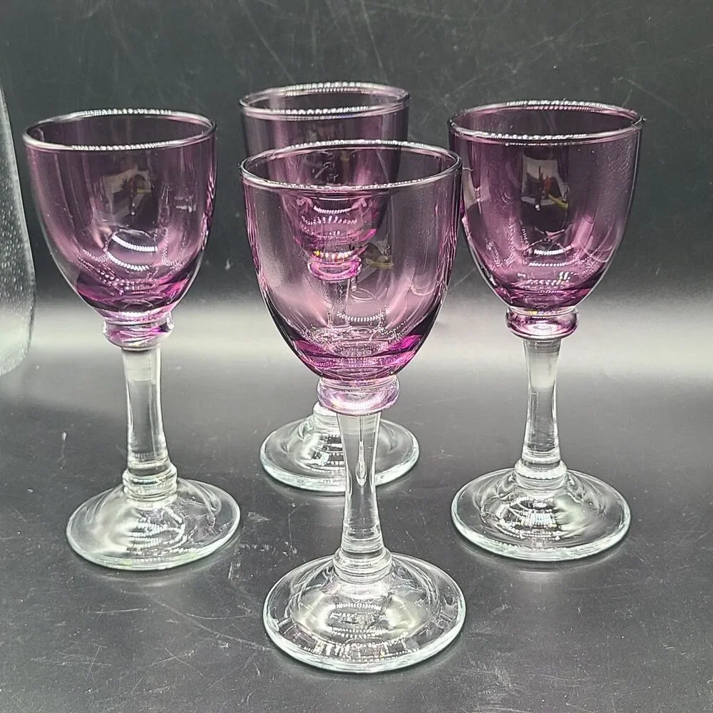 set (4) Vintage Wine Glasses  Amethyst Purple Goblets Barware 7 oz 7.75